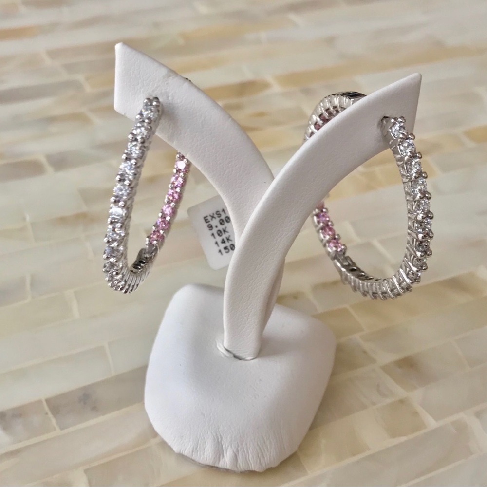 White and Pink CZ Sterling Silver Hoops
